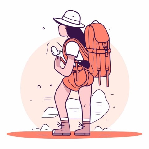 Tourist girl with backpack and map in hand.