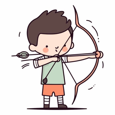 Cute boy aiming with bow and arrow in cartoon style.