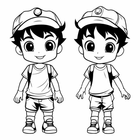 Cute boy and girl wearing firefighter uniform. Vector cartoon il