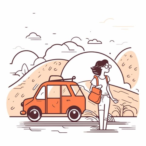 Vector illustration of a girl with a backpack and a car in the d