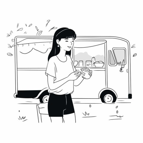 Woman eating ice cream in a van. Hand drawn vector illustration.