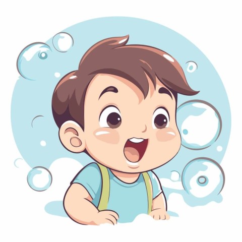 Cute baby boy playing with soap bubbles. Vector cartoon illustra