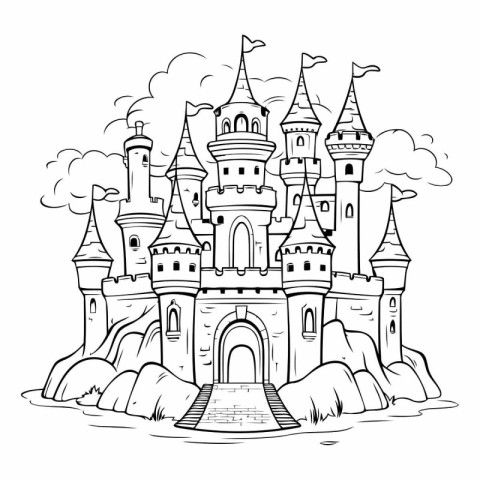 Fairytale castle. Black and white vector illustration for colori