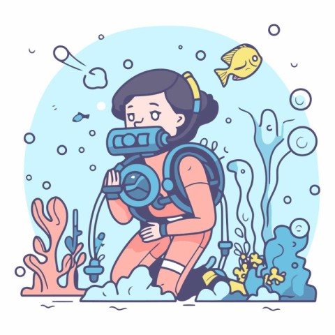 Cute girl scuba diver in a coral reef.