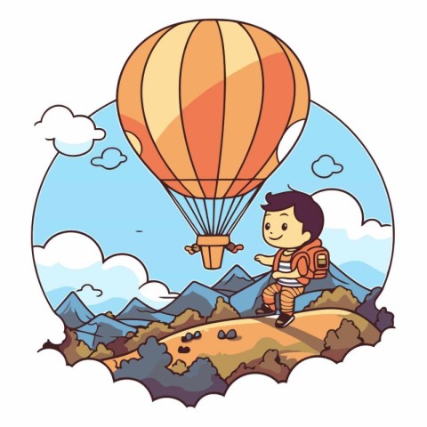 Boy flying a hot air balloon in the mountains cartoon vector ill