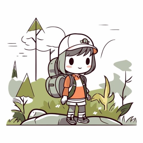 Illustration of a Kid Boy Wearing a Backpack Hiking