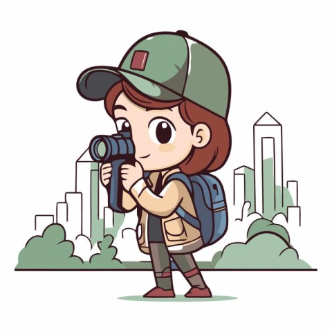 cute little girl tourist with camera in the city vector illustra