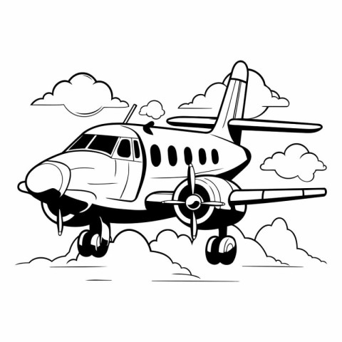 Airplane in the clouds. Black and white vector illustration isol