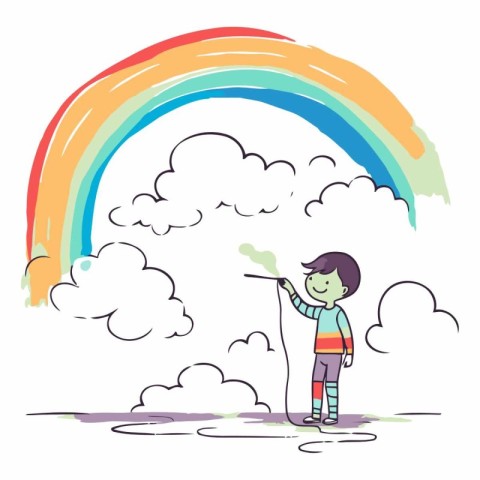 Cute little boy playing with the rainbow. Hand drawn vector illu