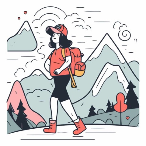 Vector illustration of a girl with a backpack walking in the mou