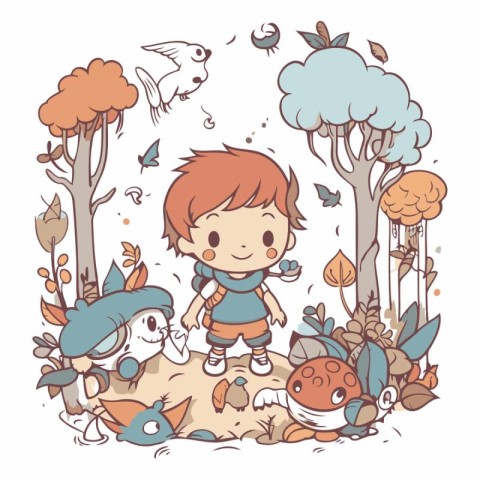 Cute little boy playing in the forest of a cartoon character.