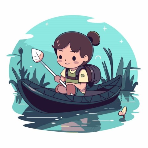 Little girl in a canoe on the lake. Vector cartoon illustration.