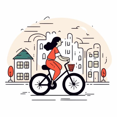 Woman riding bicycle in the city in flat linear style.