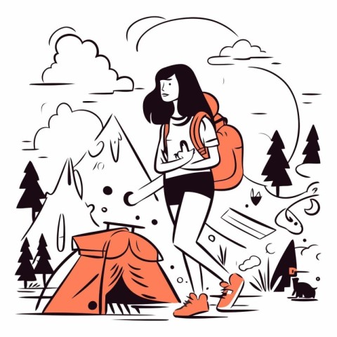 Vector illustration of a girl hiker with a backpack and a tent i