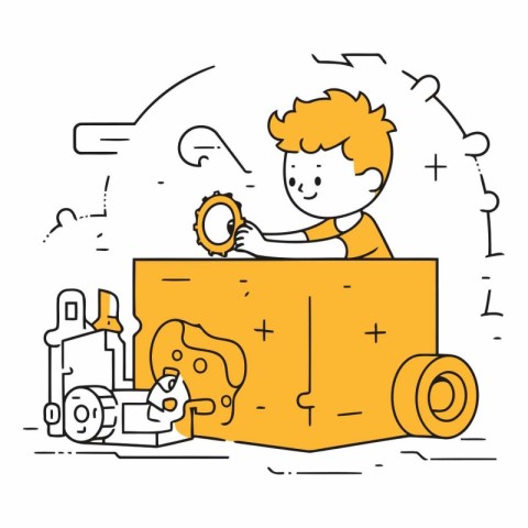 Cute little boy playing with toy car. Vector line art illustrati