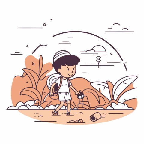 Vector illustration of a boy with a backpack on the seashore