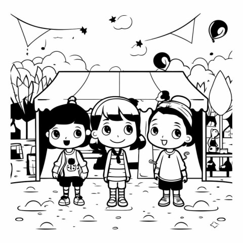 Cute cartoon kids in the park. Black and white vector illustrati