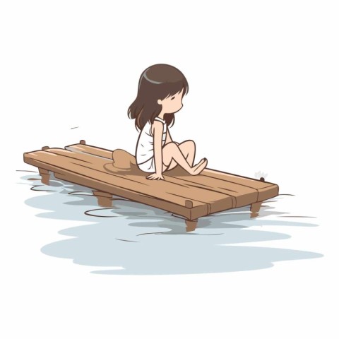 Young woman sitting on a wooden pontoon in the water.