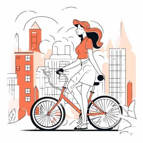 Young woman riding a bicycle in the city in linear style.