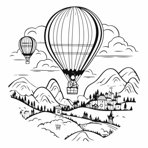 Hot air balloon flying over the village. Black and white vector