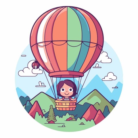 Girl in a hot air balloon in a flat style.