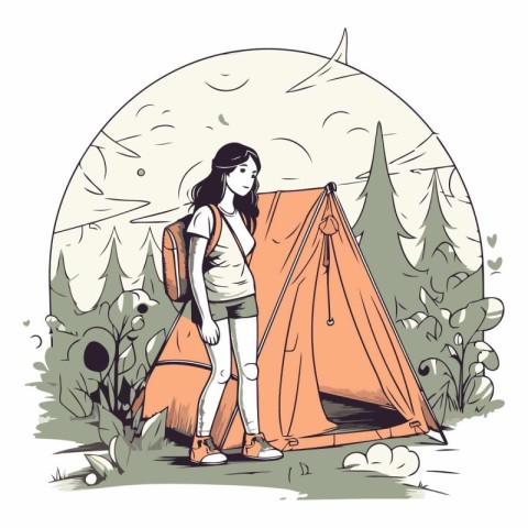 Young woman standing near her tent in the forest.