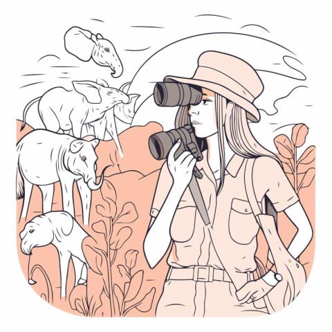 Illustration of a girl with binoculars and a cow.