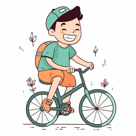 Boy riding a bike in the park in cartoon style.