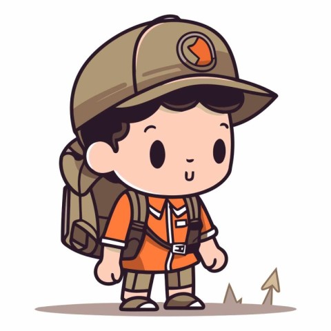 Cute explorer boy with backpack and compass. Cartoon vector illu