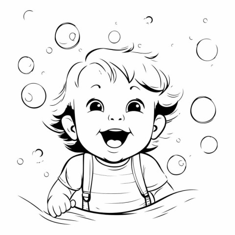 Black and white illustration of a boy playing with soap bubbles.