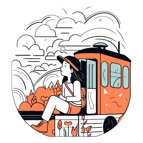 Vector illustration of girl sitting on the train in the autumn f