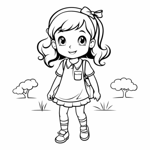 Coloring Page Outline Of a Little Schoolgirl Vector Illustration