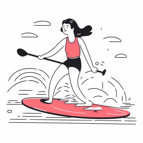 Young woman on a stand up paddle board. Hand drawn vector illust