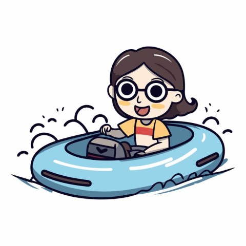 Cartoon illustration of a girl driving an inflatable boat. Vecto