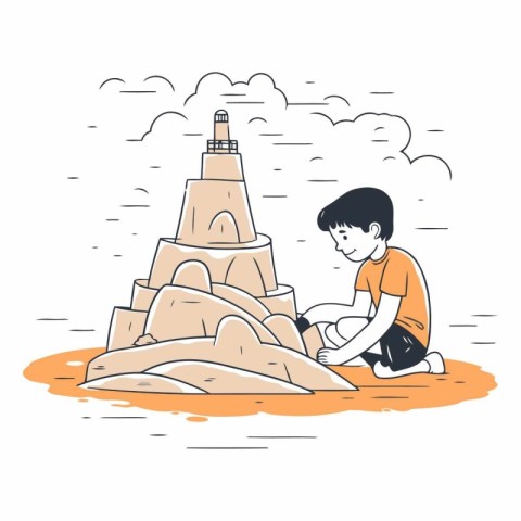 Boy building sand castle in doodle style.