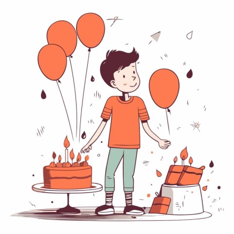 Cute boy with birthday cake. balloons and cake.