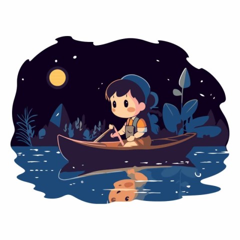 Fisherman in a boat on the river at night.