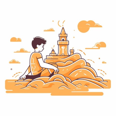 Kid playing sand castle in thin line style design.