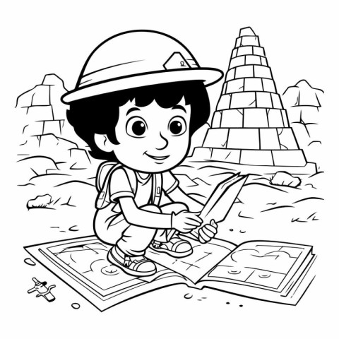 Boy reading a book on the beach - Coloring book for kids