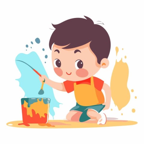 Cute little boy playing with paint in cartoon style