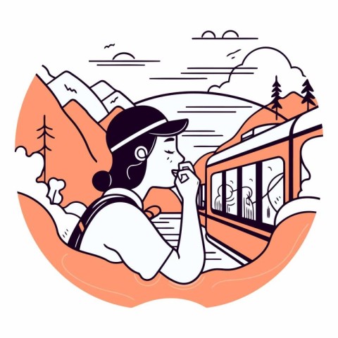 Traveler with backpack on the train in linear style