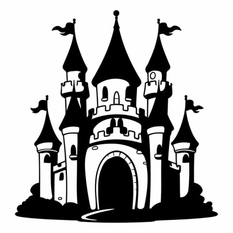 Fairytale castle on a white background in black and white.