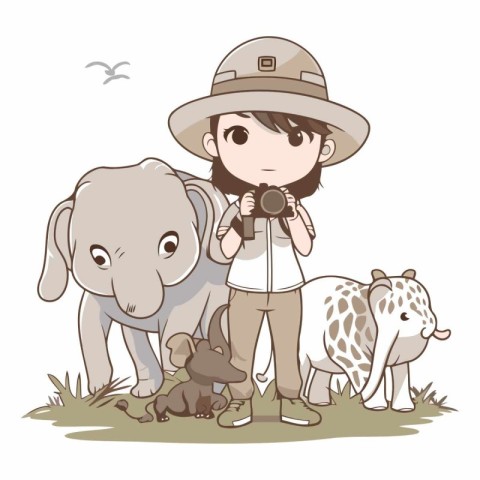 Tourist with elephant and dog on white background.