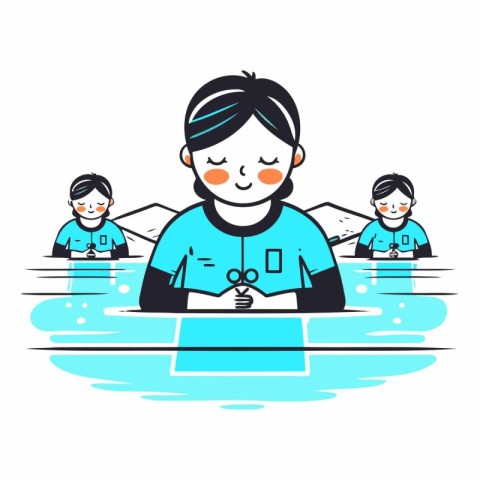 Vector illustration of a boy swimming in the pool with his famil