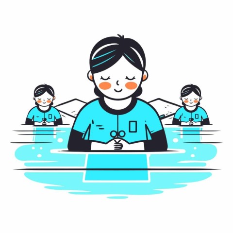 Vector illustration of a boy swimming in the pool with his famil
