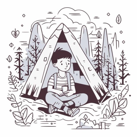 Young man sitting in front of his tent. Outline vector illustrat