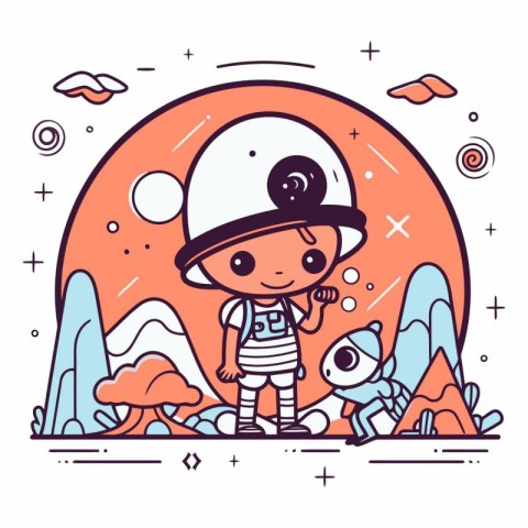 Cute little astronaut in outer space in cartoon style