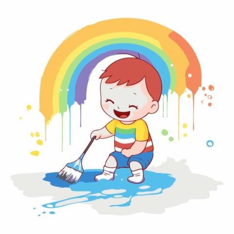 Cute little boy cleaning the floor with brush.