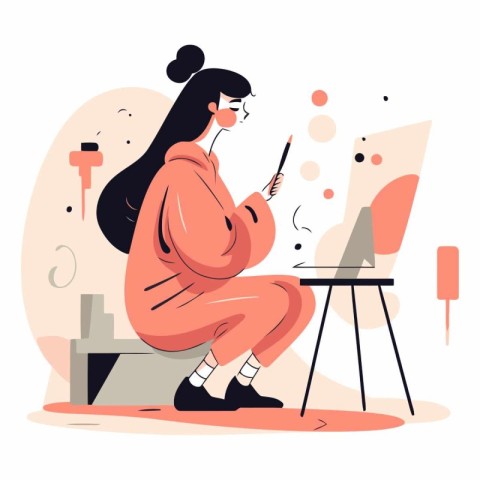 Young woman using mobile phone at home. Vector flat cartoon illu