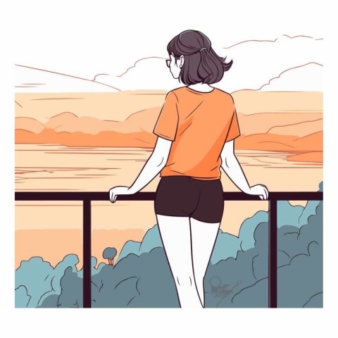 Young woman standing on balcony and looking at the lake.